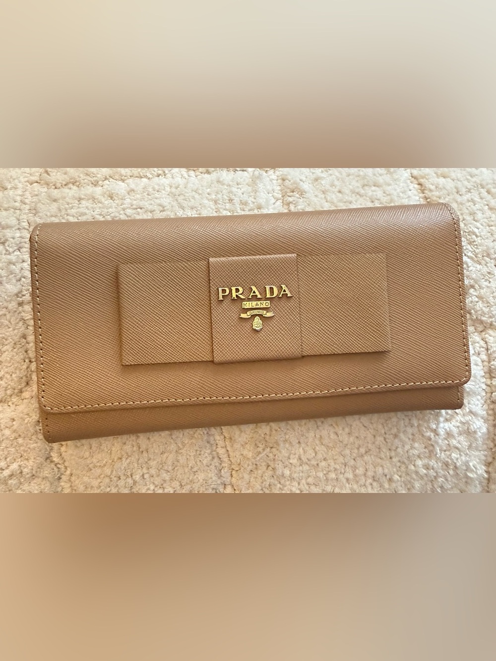 Designer inspired Bow accent Long Wallet in Tan with Gold Logo
